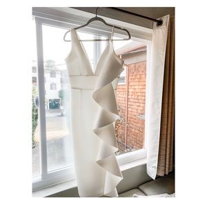 White Scuba Midi Dress with Frill Detail